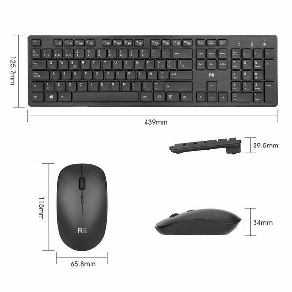 Clavier et souris sans fil Rii RK200 USB Noir (Refurbished A+)